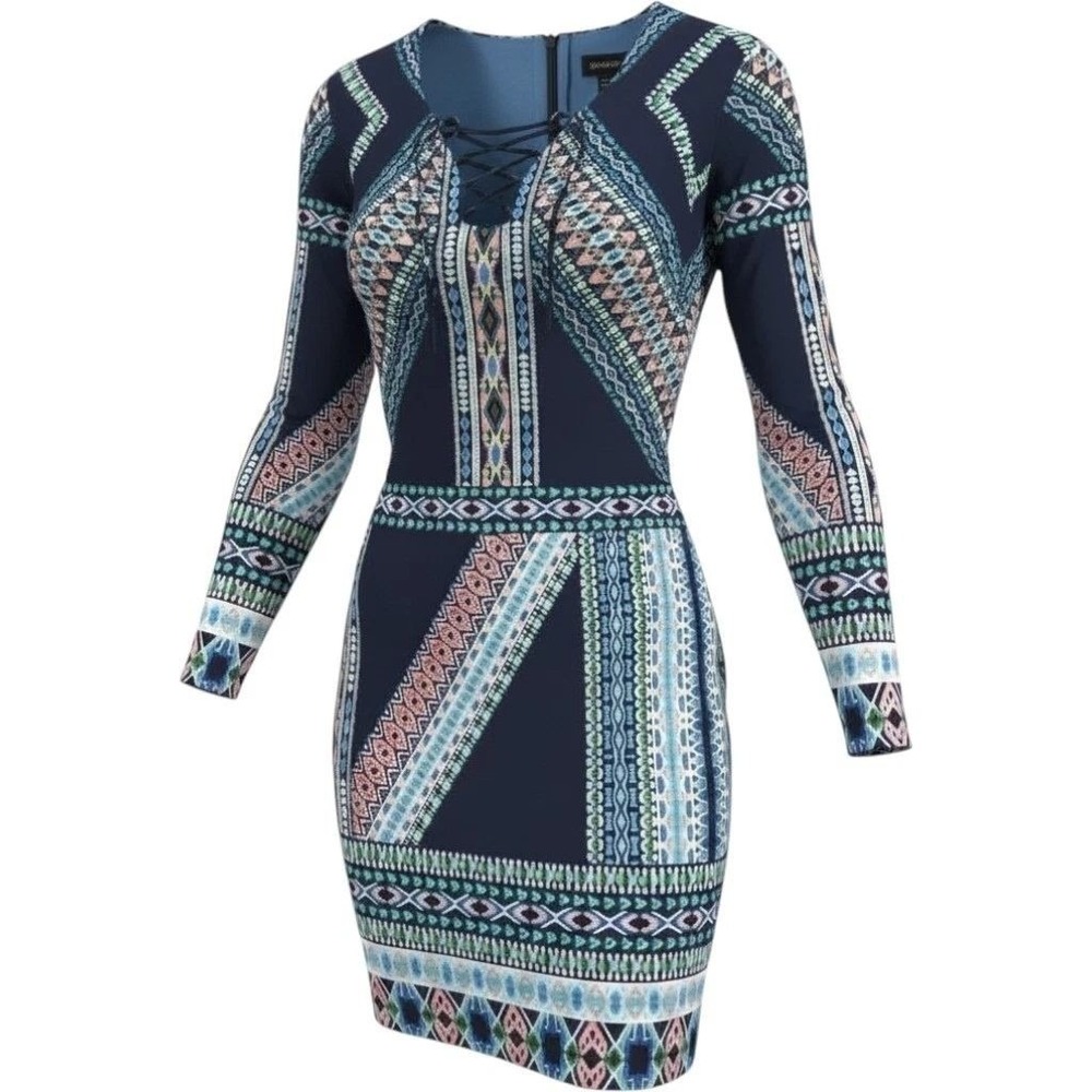 Geometric Tribal Lace Up V-Neck Bodycon Mini Dress Navy Blue Y2K Size MEDIUM